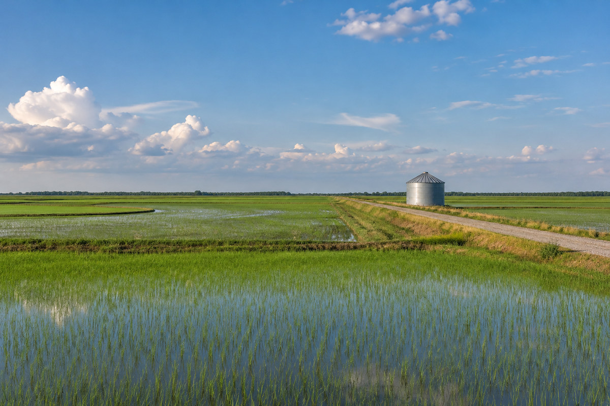 Flat Arkansas Delta rice fields with a grain bin and a gravel levee road under a wide sky
