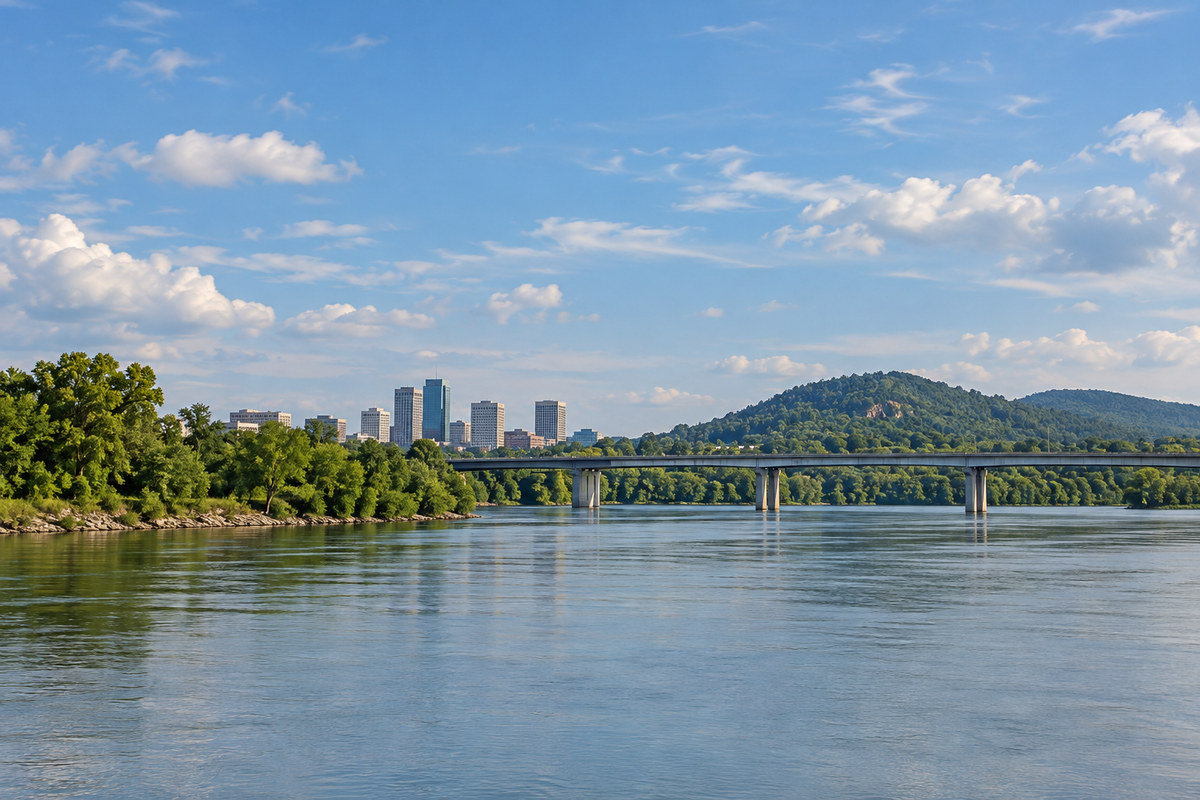 Little Rock skyline on the south bank of the Arkansas River, with a river bridge and wooded hills to the west