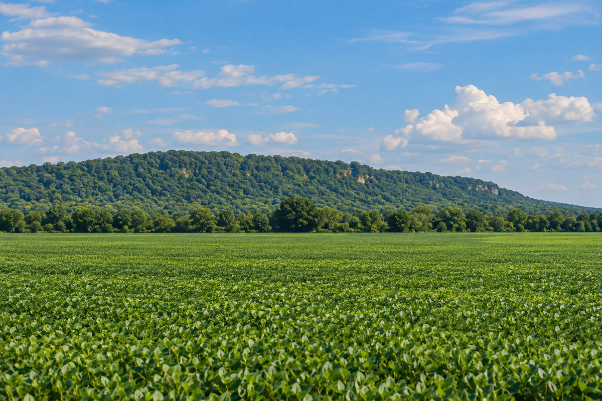 Wooded slope of Crowley's Ridge rising above flat northeast Arkansas farm fields near Jonesboro