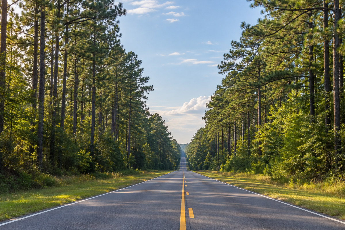 Tall pine forest along a two-lane highway in south Arkansas timber country